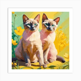 Flat Art Painting Adorable Two Burmese Cats, cats art Art Print