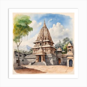 Hindu Temple Watercolor Painting Art Print