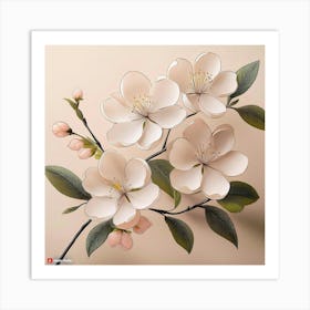 Firefly Soft Cherry Blossoms With Minimal Black Outlines On A Beige Background, With Subtle Leaves I (3) Art Print