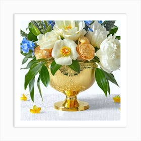 Inca vase made of gold and peony flowers Art Print