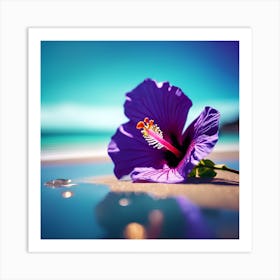 Blue Sea on the Beach with Purple Hibiscus Flower Art Print