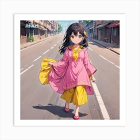 A girl wearing pink kurti and yellow dupatta walking on road. Art Print