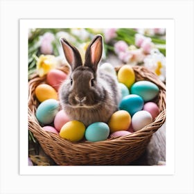 Easter Bunny In A Basket Of Colored Eggs Art Print