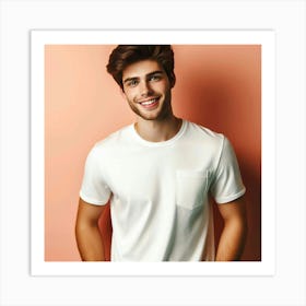 Generated Image of an Attractive Young Man with Light Brown Hair and Blue Eyes Wearing a White T-Shirt, Looking at the Camera with a Smile on His Face Art Print