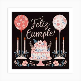 Feliz cumple and Feliz cumpleaños sign means Happy Birthday in Spanish language, Birthday party celebration gift with birthday cake candle colorful balloons best congratulation over light background wall artFeliz Cumple 15 Art Print