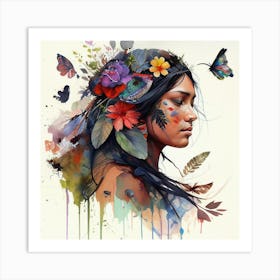 Watercolor Floral Indian Native Woman #15 Art Print