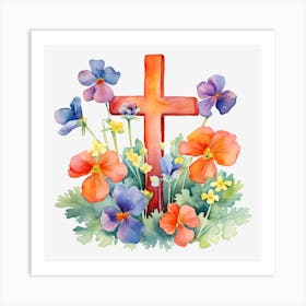 Cross With Pansies 1 Art Print