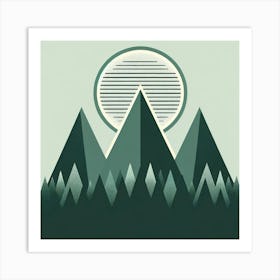 Title: "Mint Moonrise: A Study in Geometric Serenity"  Description: "Mint Moonrise: A Study in Geometric Serenity" is an evocative piece that explores the quietude of a moonrise over a minimalist mountain landscape. The artwork features a series of deep green, faceted peaks that rise sharply against a soft mint sky. Above the mountains, a textured moon adorned with horizontal stripes radiates a cool light, its linear design creating a contrast with the organic shapes below. The foreground's simplified forest adds a layer of complexity, with each tree mirroring the mountain's geometry. This composition's soothing palette and clean lines invite contemplation, making it a perfect addition to any space seeking a blend of modern design and natural tranquility. Art Print