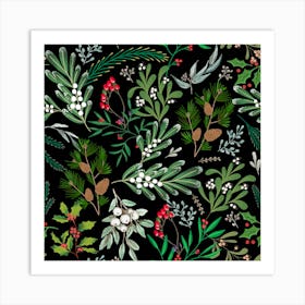 Christmas Botanical Leaves - Greens Black Art Print