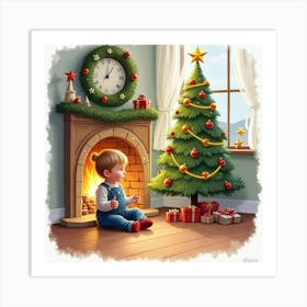 Toddler Sitting By A Fireplace With A Watercolor Christmas Tree Art Print