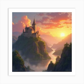 Mystical Watercolor Sunset Over Ancient Castle 1 Art Print