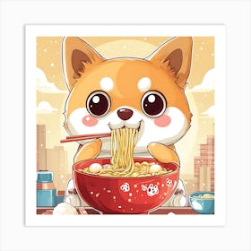 Corgi Eating Ramen 2 Art Print