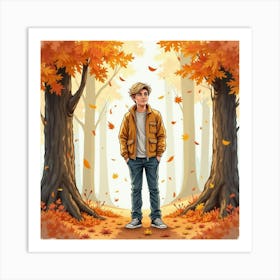 Watercolor Of Justin Bieber In A Forest, Surrounded By Falling Autumn Leaves Art Print