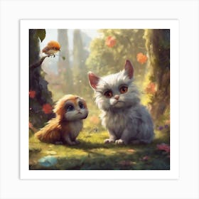 Two Cats And A Bird Art Print