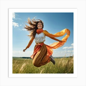 A Youthful Female Exuding Vitality Engaged In Jumping With Unrestrained Joy Sporting Healthy Slim (6) Art Print