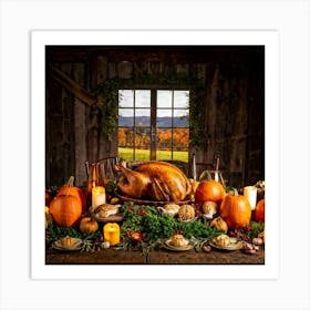 Autumn Feast Featuring Roasted Turkey Garnished With Fresh Herbs Surrounded By Carved Pumpkins Din 2 Art Print