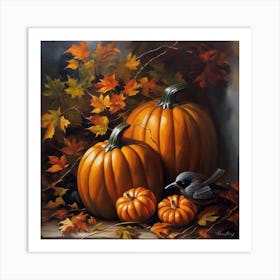 Pumpkins And Birds Art Print