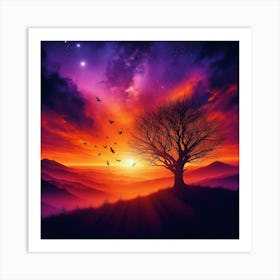 Sunset With Crows Art Print