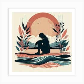 Woman Sitting On The Beach Art Print