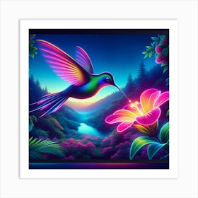 Color Hummingbird In High Definition In First Plane Sucking A Neon Flower Art Print