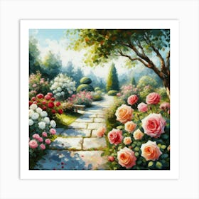 Roses In The Garden, Acrylic Style Painting 1 Art Print