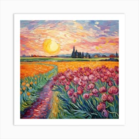 Sunset With Tulips Art Print