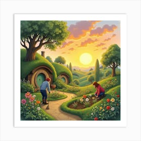 Watercolor Scene Of Hobbits Tending Their Garden At Sunrise Art Print