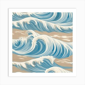 Ocean Waves Gentle Pencil Drawings Of Waves Highlighted With Shades Of Light Blue ,Sandy Beige Art Print