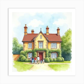 Watercolor Illustration Of An English Historic House With A Guided Tour Group 1 Art Print