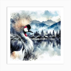 Crowned Crane in Lake - Wild Bird Artwork 128 Art Print