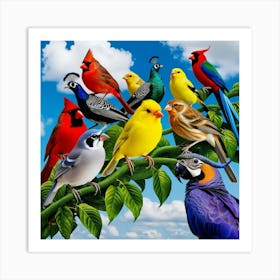 Colorful Birds On A Branch 1 Art Print