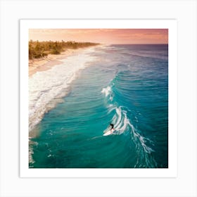 Aerial Photography Capturing A Surfer Amidst Azure Waves Tropical Beach In The Background Palm Tre (3) Art Print