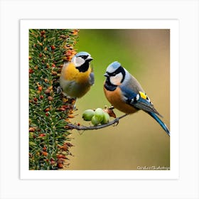 Two Birds Perched On A Branch 1 Art Print