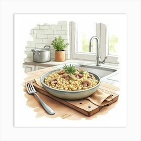 Watercolor Sketch Of A Rich And Creamy Mushroom Risotto On A Stylish Kitchen Countertop Art Print