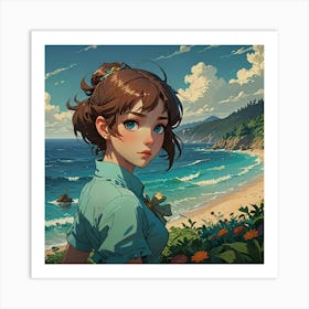 Anime Girl Standing By The Ocean Art Print