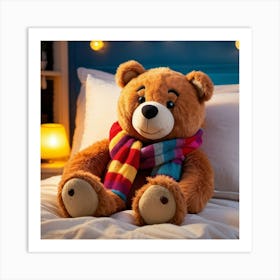 Cartoonish Bear Adorned With A Vibrant Scarf Nestled In An Over Sized Bed Plush And Fluffy Captur Art Print