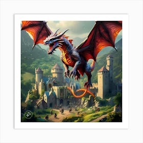 Dragon Flying Over A Castle Art Print