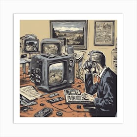 Man In Front Of A Television Art Print