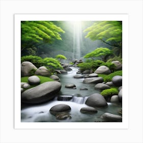 Azure Stream, A Serene Zen Garden With Flowing Water And Rocks Symbolizing Tranquility And Equilibrium Art Print