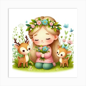 Little Girl With Deer And Flowers Art Print