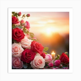 Bouquet Of Mixed Red And Pink Roses Peonies Delicately Woven Into Vines Soft Focus With Scattered (2) Art Print