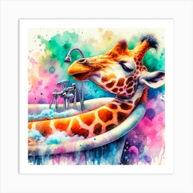 Giraffe In Bath Art Print