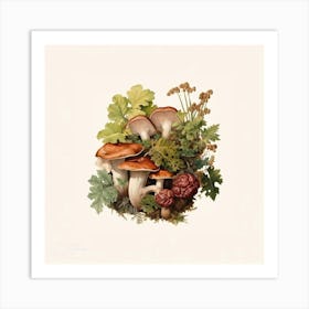 Mushrooms and heucheras - mushroom art print - mushroom botanical print Art Print