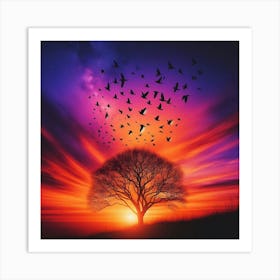 Birds Flying Over Tree Art Print