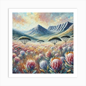 Abstract Oil Painting Of A Field Of Protea Flowers In South Africa.AI 1 Art Print