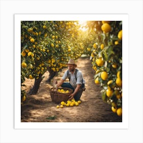 Farmer Picking Lemons In An Orchard Art Print