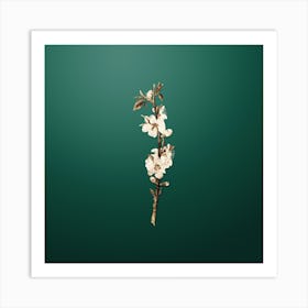 Gold Botanical Peach Flower on Dark Spring Green Art Print