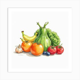 Artistic Watercolor Rendering Of Fresh Produce In An Elegant Arrangement 1 Art Print