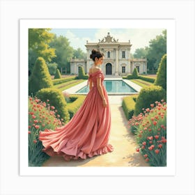 Distinguished Lady In A Watercolor Grand Palace Garden 1 Art Print