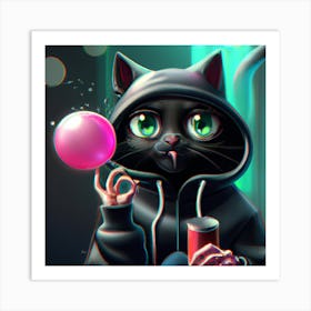 Black Cat With Bubble Gum Art Print